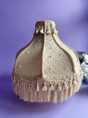 Vintage Boudoir Table Lamp Shade Ivory Cream Fringe Scallop Pearls Tassel